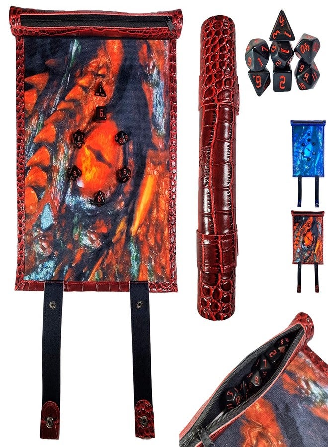 Power Beast Dungeon 2 in 1 Dragon Dice Rolling Mat & Dice Holder Dice Tray + Dice Set D&D Polyhedral DND 7pcs, Portable Foldable Gaming Scroll, Dungeons and Dragons, D&D, DND, RPG. (FIREDRAGON) - Image 1
